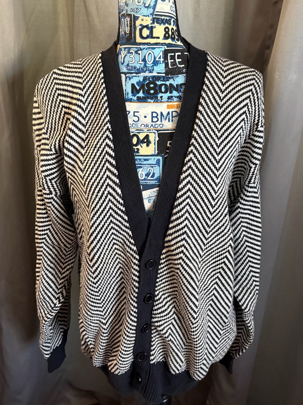 Neiman-Marcus Classic Black & White Chevron Button-Up Sweater Cardigan